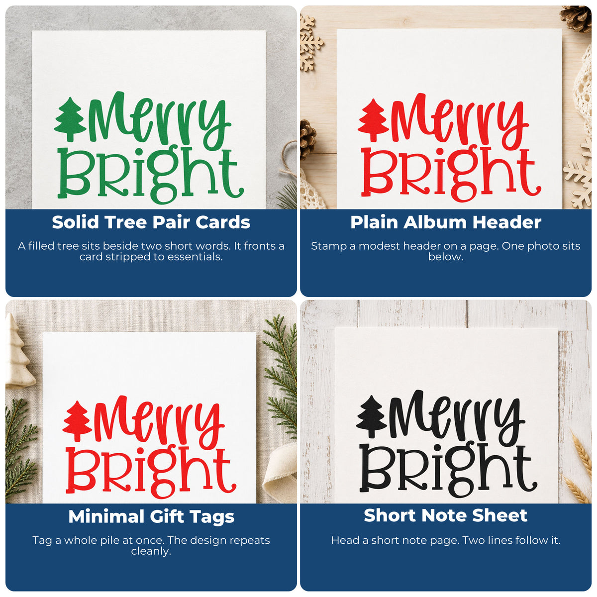 Four ways to use the Merry Bright Christmas Tree Rubber Stamp – Duo Hand: solid tree pair cards, plain album header, minimal gift tags and short note sheet.