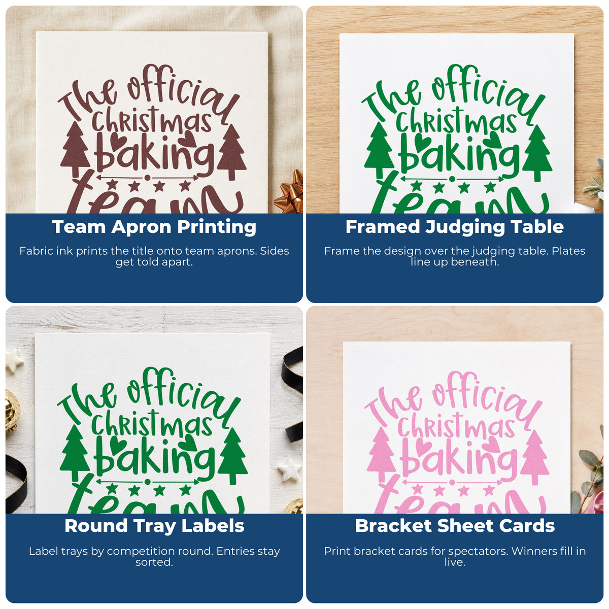 Four ways to use the The Official Christmas Baking Team Wood Handle Stamp: team apron printing, framed judging table, round tray labels and bracket sheet cards.