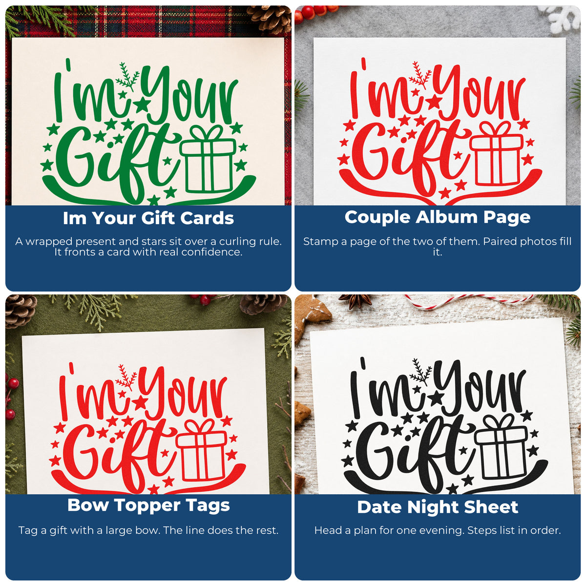 Four ways to use the I'm Your Gift Present Stamp – Wood Handle: im your gift cards, couple album page, bow topper tags and date night sheet.