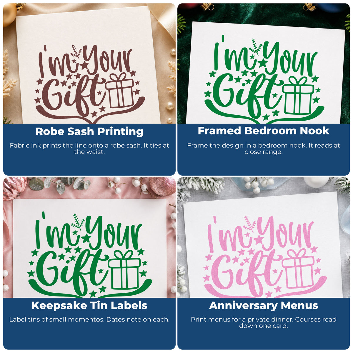 Four ways to use the I'm Your Gift Present Stamp – Wood Handle: robe sash printing, framed bedroom nook, keepsake tin labels and anniversary menus.