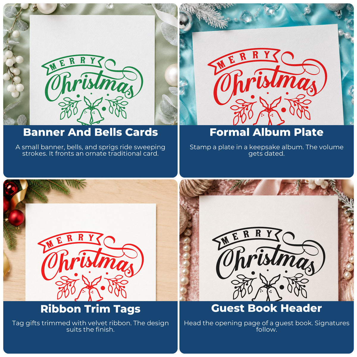 Christmas rubber stamp design ideas for wrapping paper, greeting cards, advent calendars, and ornaments with festive sayings.