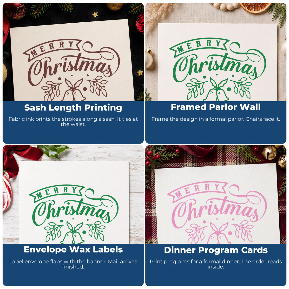 Christmas rubber stamps for envelope decoration, cookie exchange labels, holiday scrapbooks, and DIY candle gifts.
