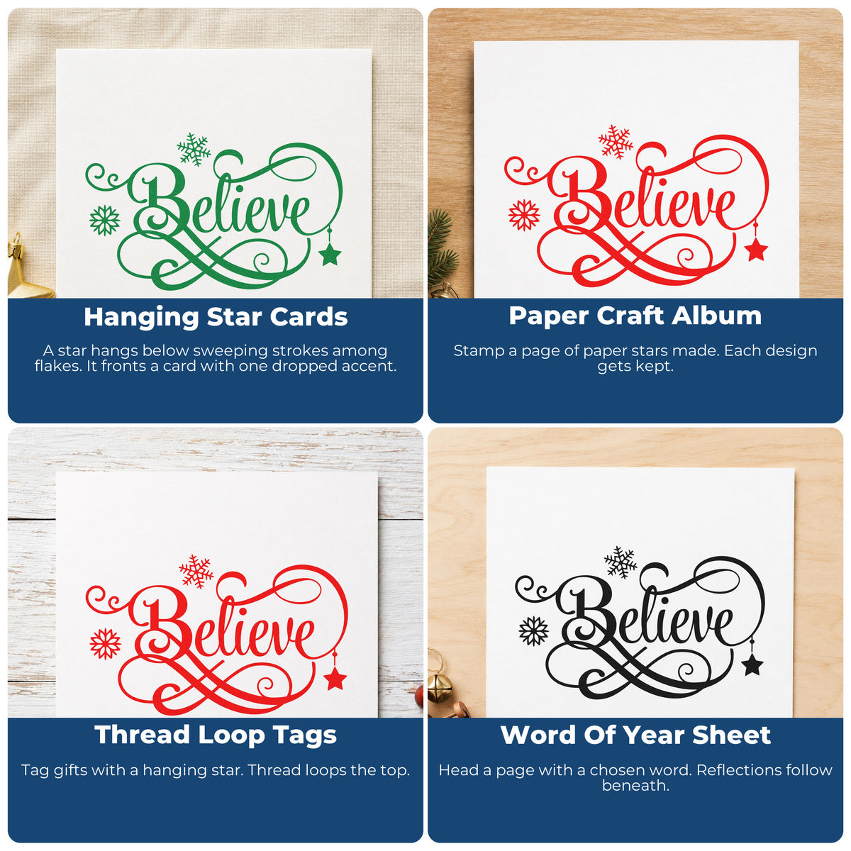 Four ways to use the Believe Snowflakes Hanging Star PSI Pre-Inked Stamp: hanging star cards, paper craft album, thread loop tags and word of year sheet.