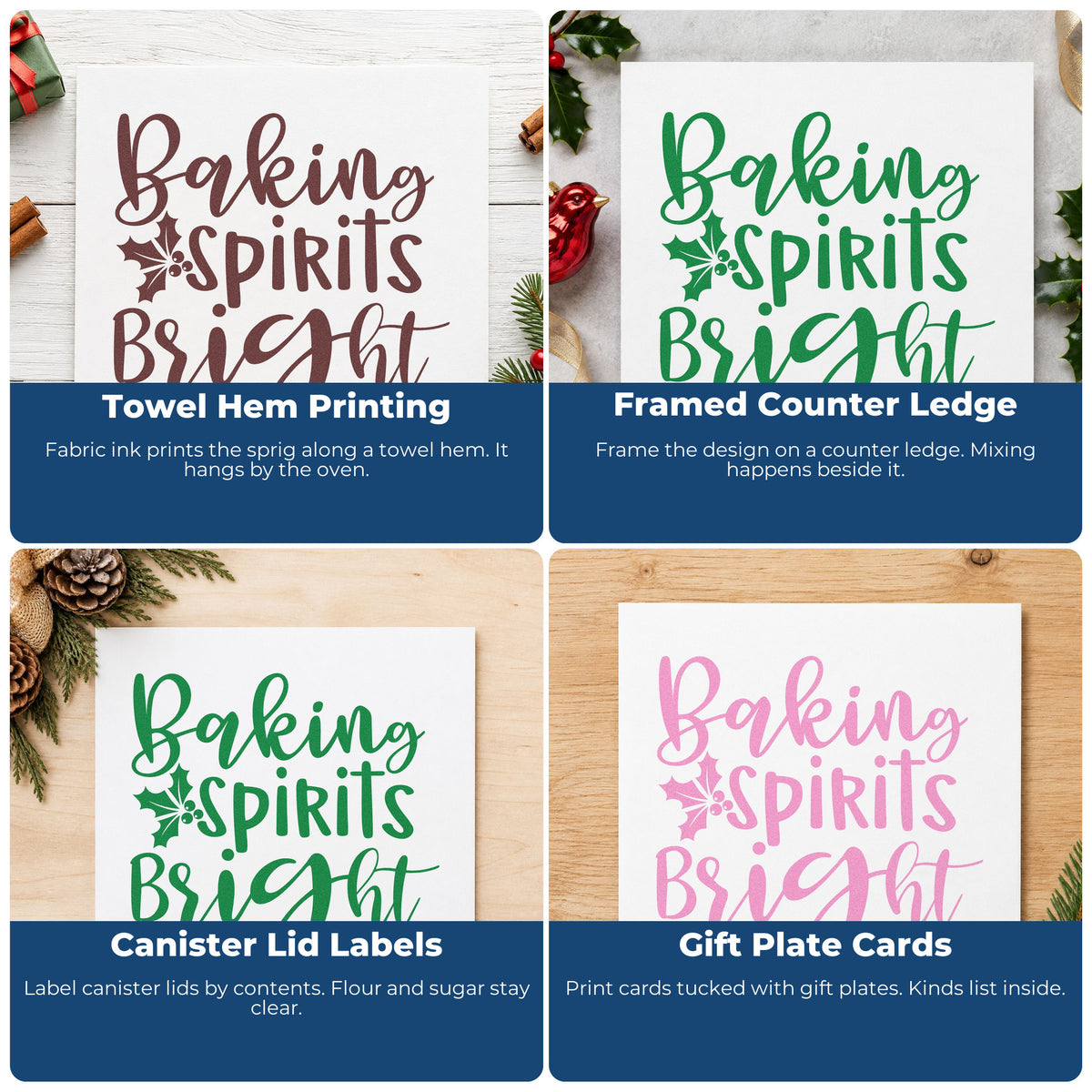Holiday rubber stamp designs for envelopes, cookie labels, scrapbooks, and DIY candles with Christmas baking and Let It Snow themes.