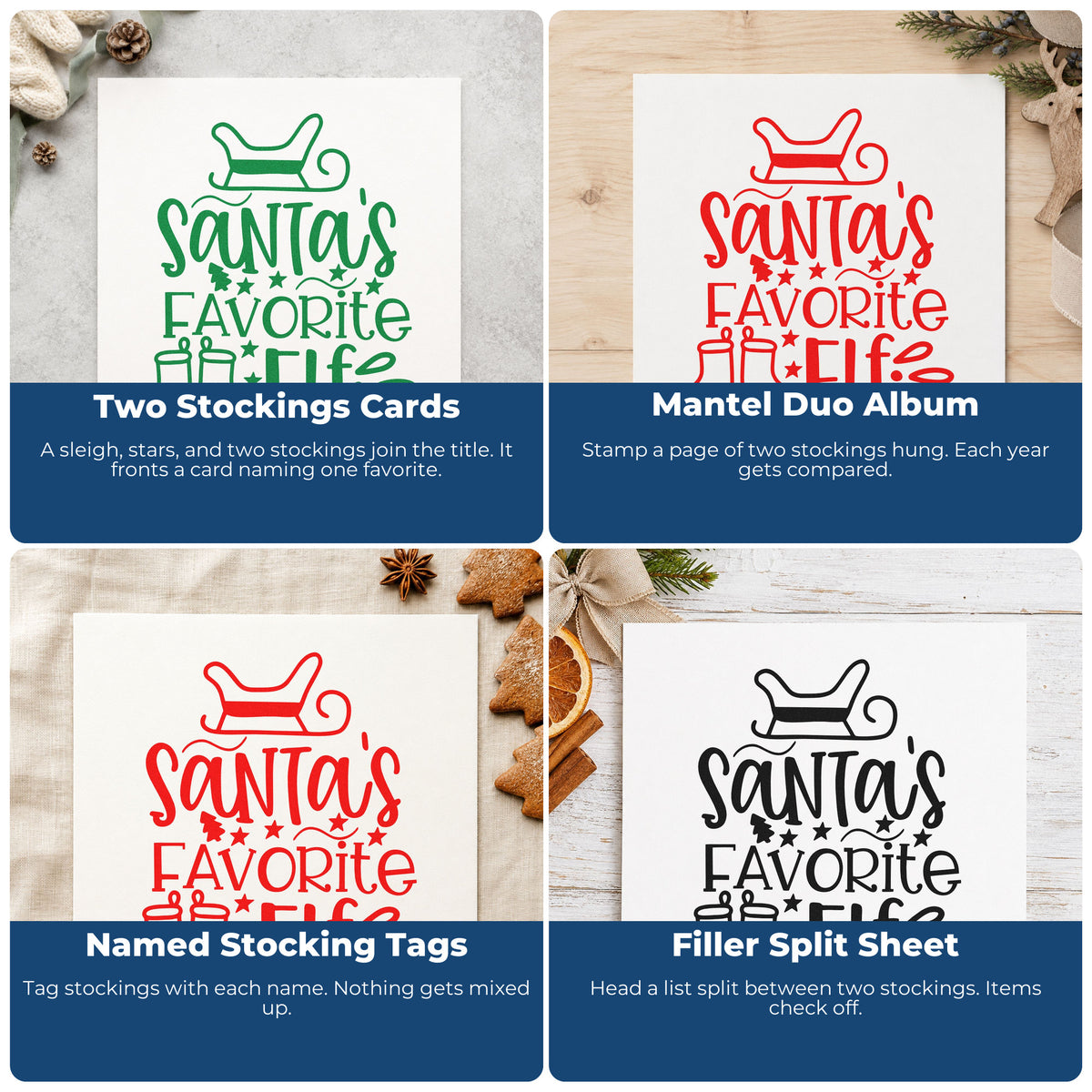 Four ways to use the Santa's Favorite Elf Stockings Self-Inking Craft Stamp: two stockings cards, mantel duo album, named stocking tags and filler split sheet.