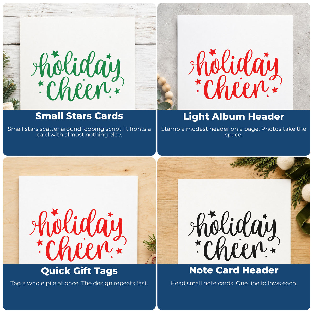 Christmas rubber stamp ideas for wrapping paper, holiday cards, advent calendars, and ornaments.