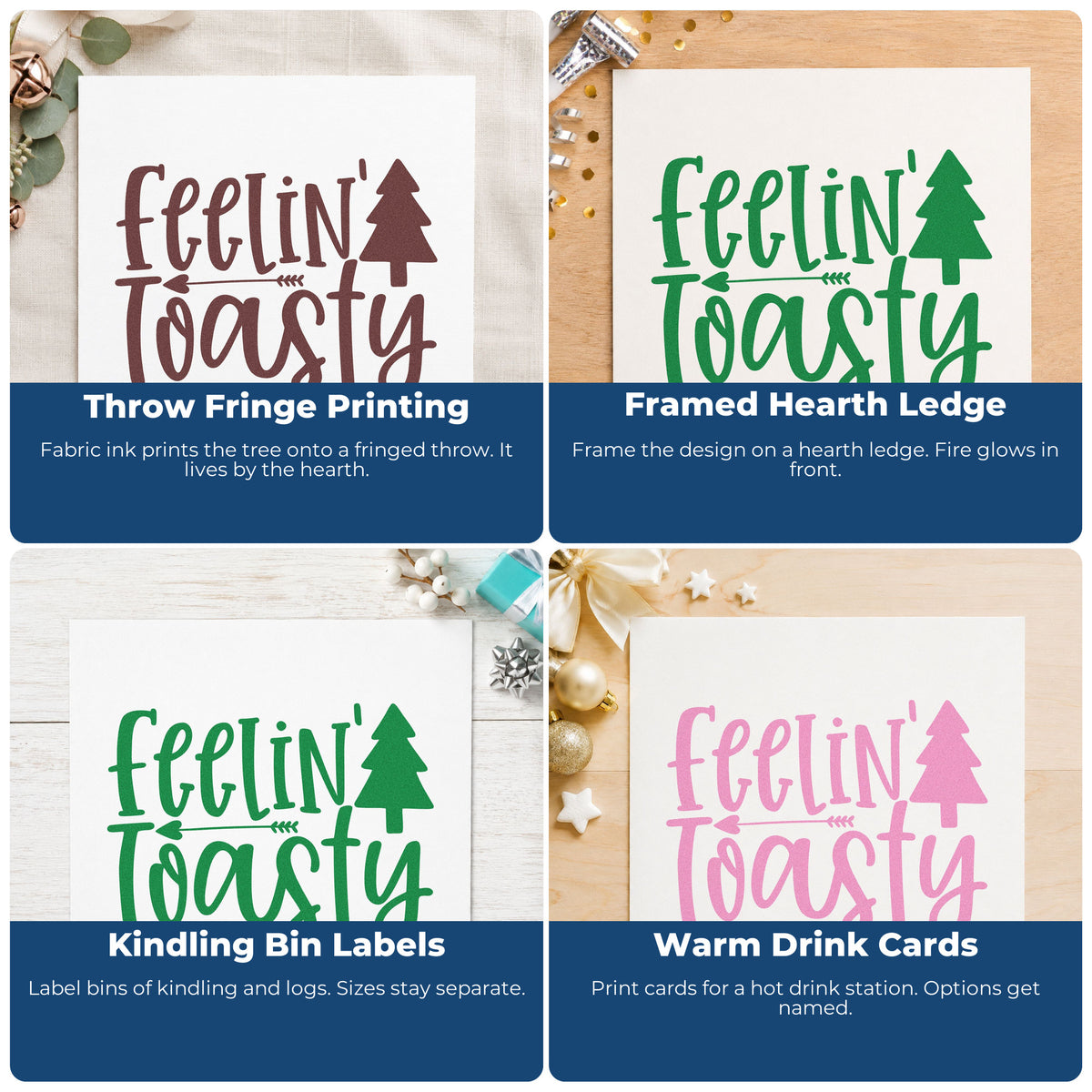 Four ways to use the Feelin Toasty Christmas Tree Rubber Stamp – Duo Hand: throw fringe printing, framed hearth ledge, kindling bin labels and warm drink cards.