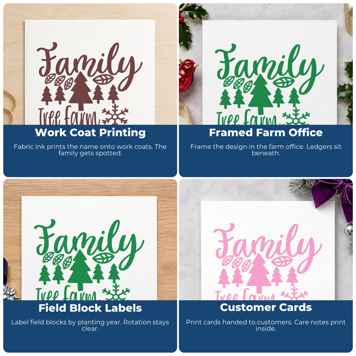 Four ways to use the Family Tree Farm Winter Pine Motif Craft Stamp – Self-Inking: work coat printing, framed farm office, field block labels and customer cards.