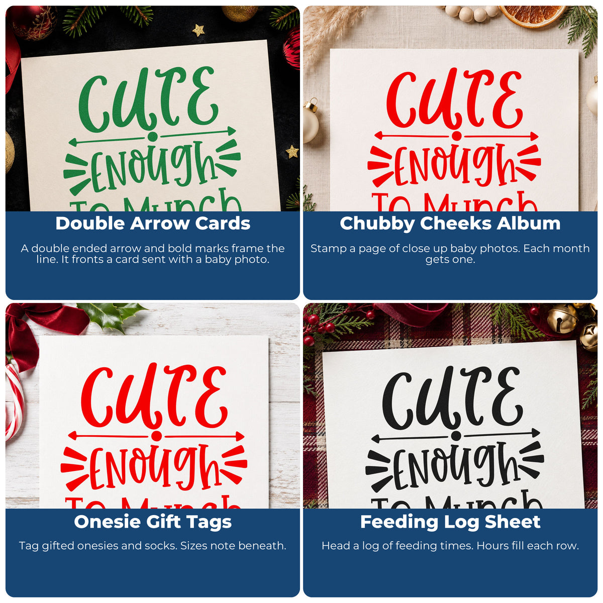 Four ways to use the Cute Enough To Munch Rubber Stamp – Duo Hand: double arrow cards, chubby cheeks album, onesie gift tags and feeding log sheet.