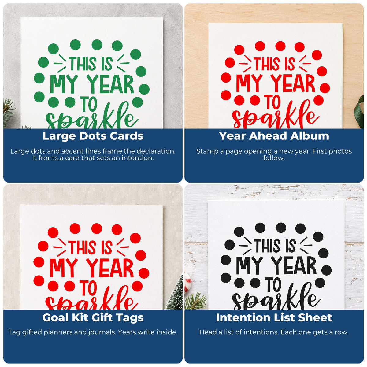 Four ways to use the My Year To Sparkle Dots Pre-Inked Stamp – PSI: large dots cards, year ahead album, goal kit gift tags and intention list sheet.