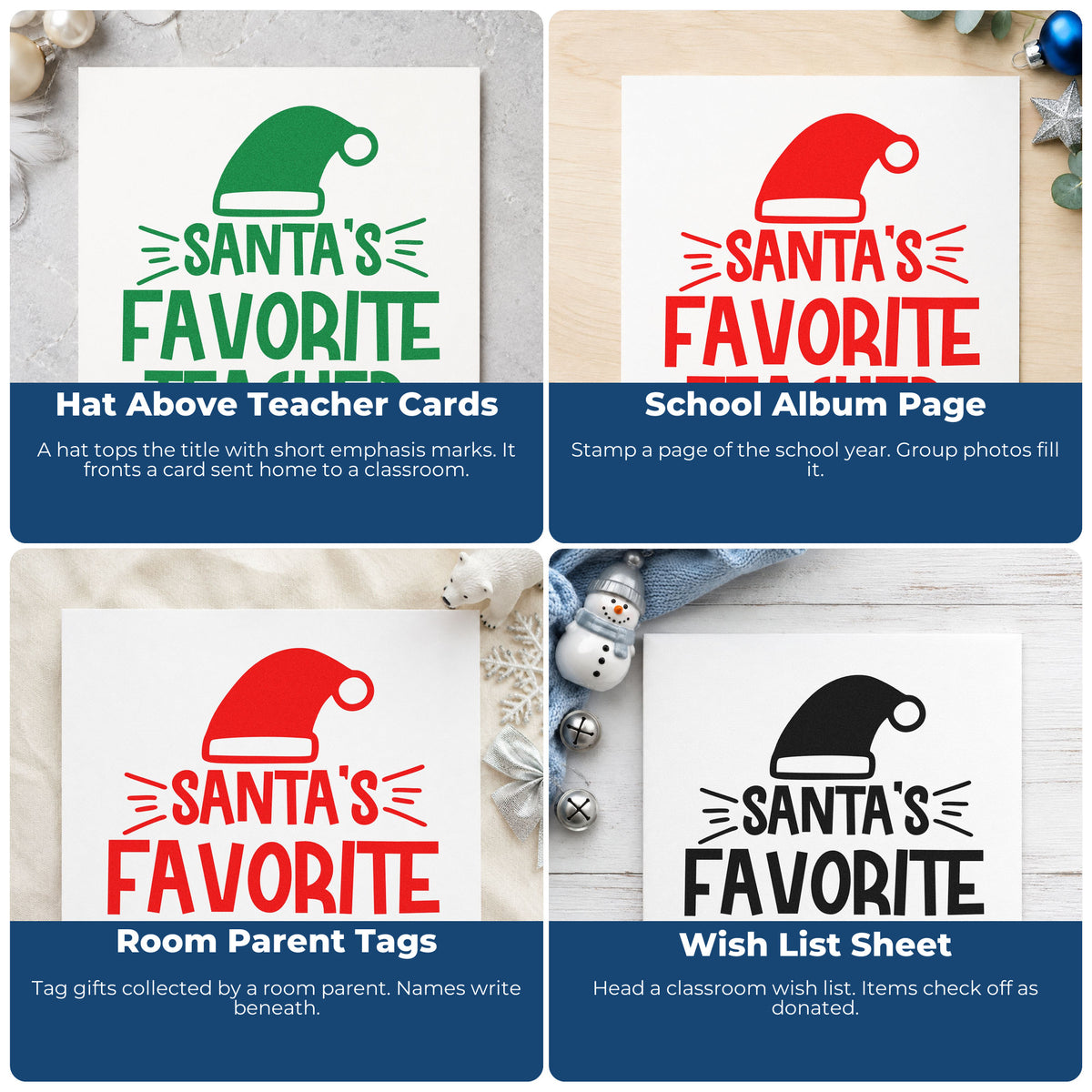 Four ways to use the Santa's Favorite Teacher Hat Lettering Stamp – Slim Pre-Inked: hat above teacher cards, school album page, room parent tags and wish list sheet.