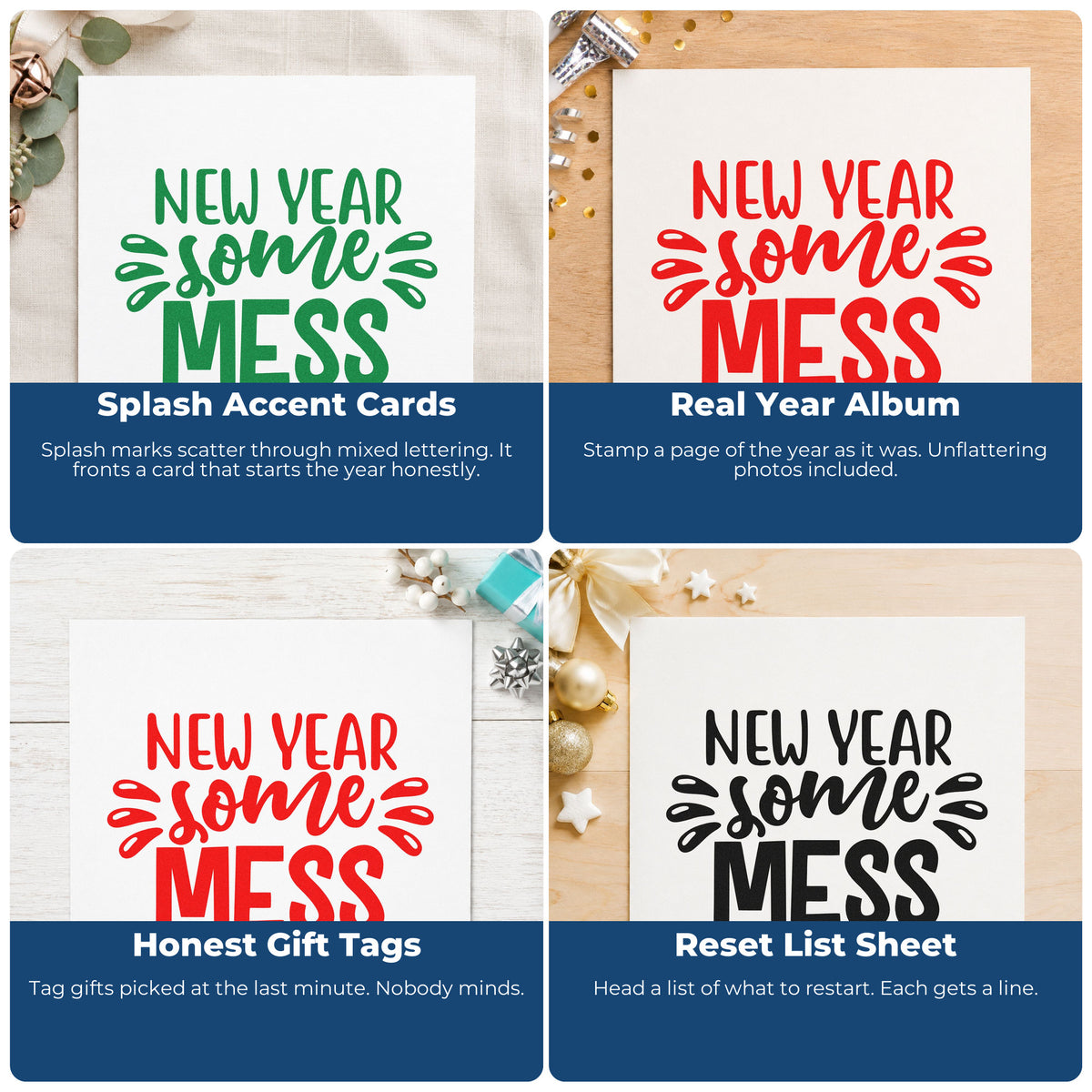 Four ways to use the New Year Some Mess Rubber Stamp – Duo Hand: splash accent cards, real year album, honest gift tags and reset list sheet.