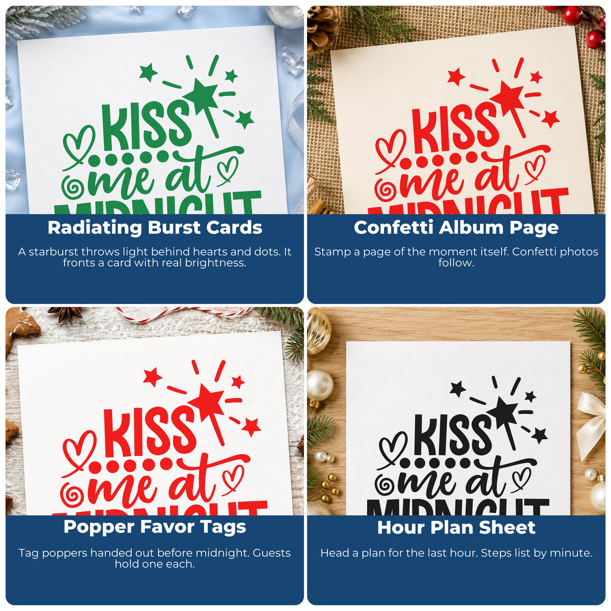 Four ways to use the Kiss Me At Midnight Pre-Inked Stamp – Slim: radiating burst cards, confetti album page, popper favor tags and hour plan sheet.