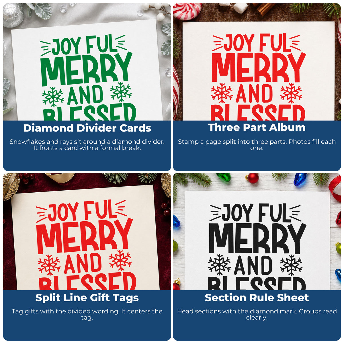 Christmas rubber stamp ideas for wrapping paper, greeting cards, advent calendars, and ornaments with festive holiday sentiments.