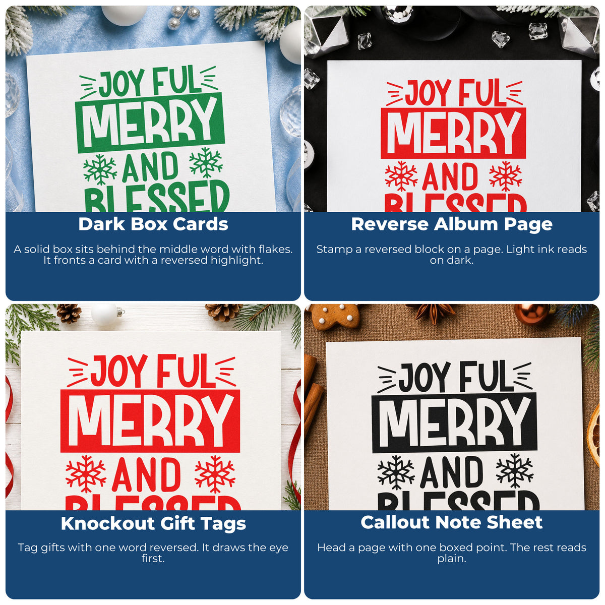 Four ways to use the Joyful Merry Blessed Box Self-Inking Stamp: dark box cards, reverse album page, knockout gift tags and callout note sheet.