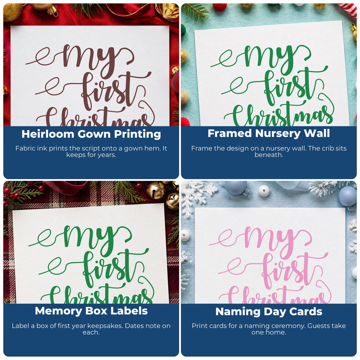 Four ways to use the PSI Pre-Inked My First Christmas Letter Art Stamp: heirloom gown printing, framed nursery wall, memory box labels and naming day cards.