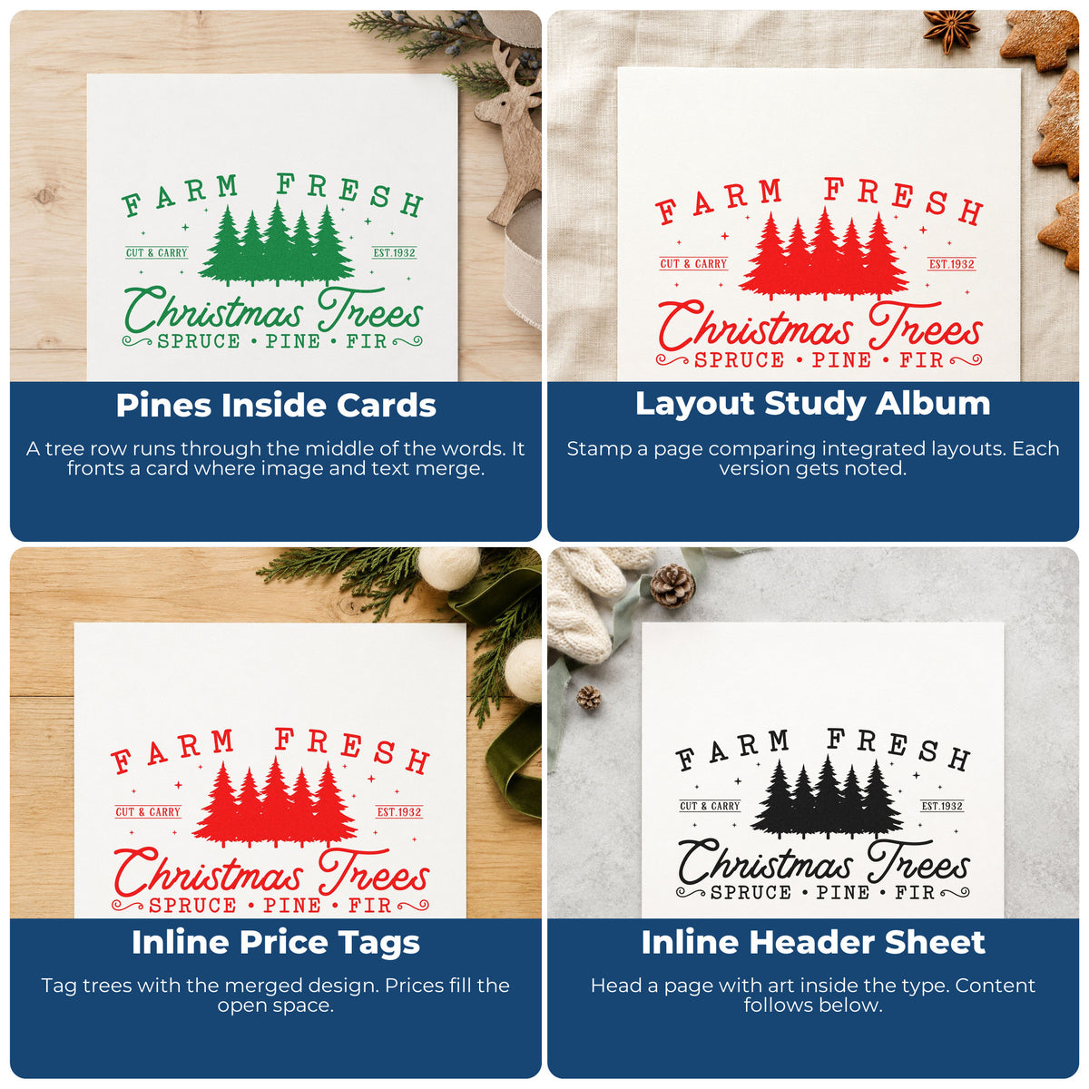 Christmas rubber stamp ideas for wrapping paper, holiday cards, advent calendars, and handmade ornaments.
