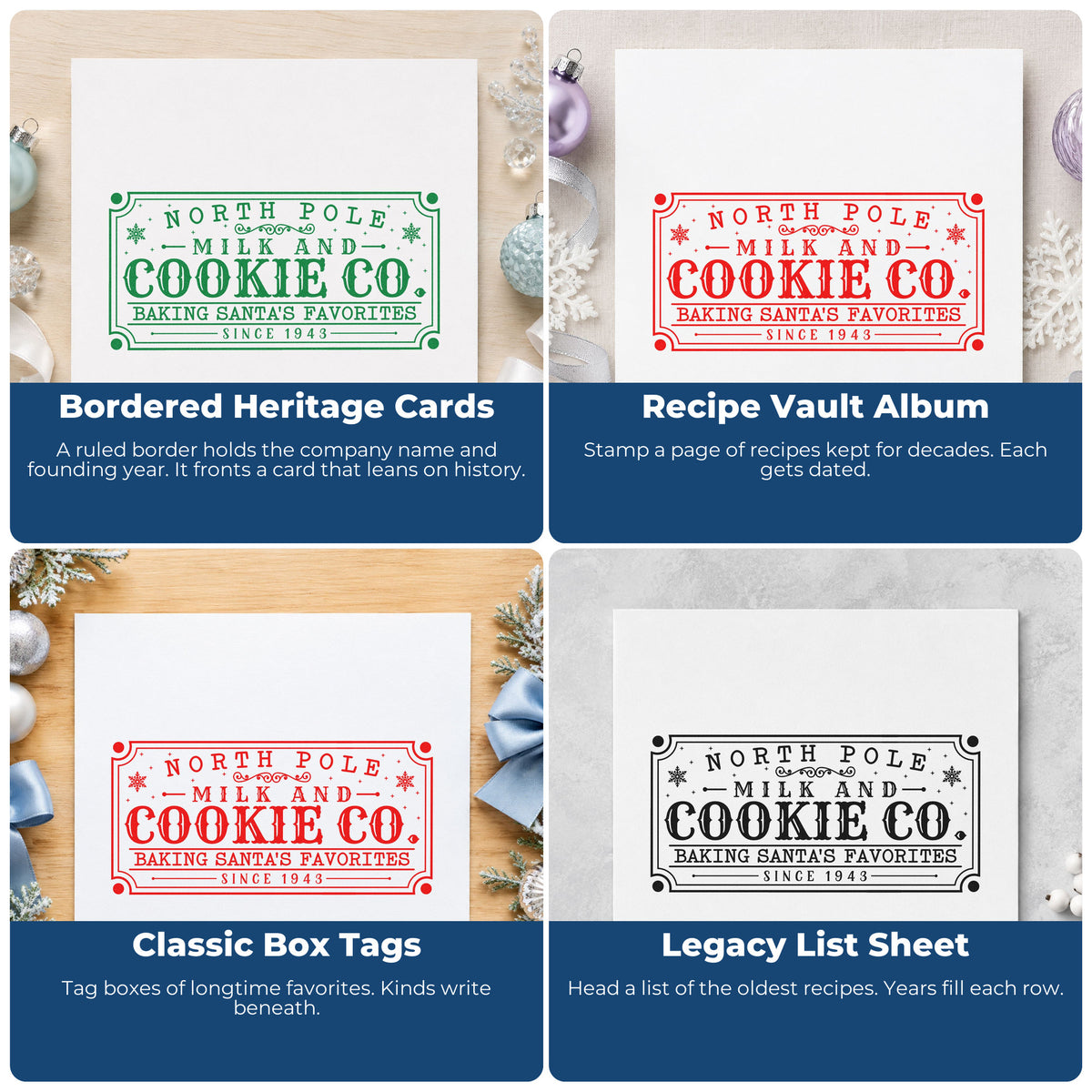 Four ways to use the North Pole Santa's Favorites Sign Lettering Rubber Stamp – Wood Handle: bordered heritage cards, recipe vault album, classic box tags and legacy list sheet.
