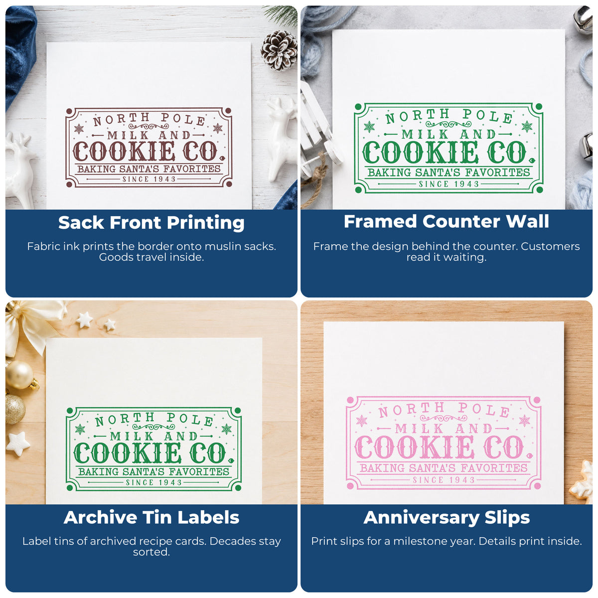 Four ways to use the North Pole Santa's Favorites Sign Lettering Duo Hand Stamp: sack front printing, framed counter wall, archive tin labels and anniversary slips.