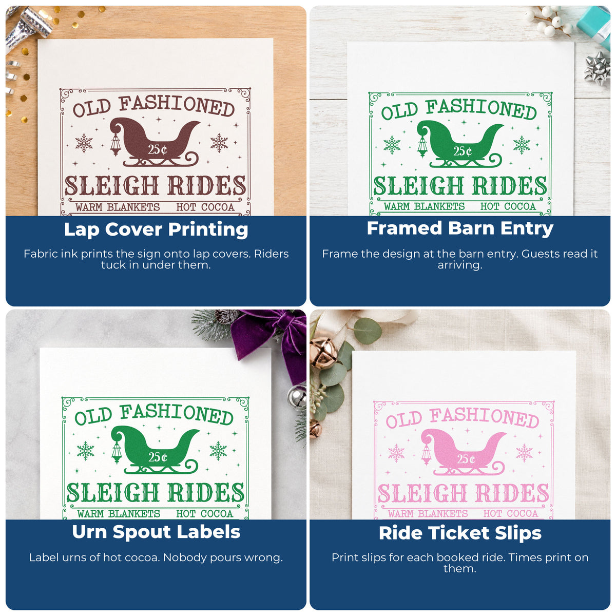 Four ways to use the Slim Pre-Inked Old Fashioned Sleigh Rides Stamp: lap cover printing, framed barn entry, urn spout labels and ride ticket slips.