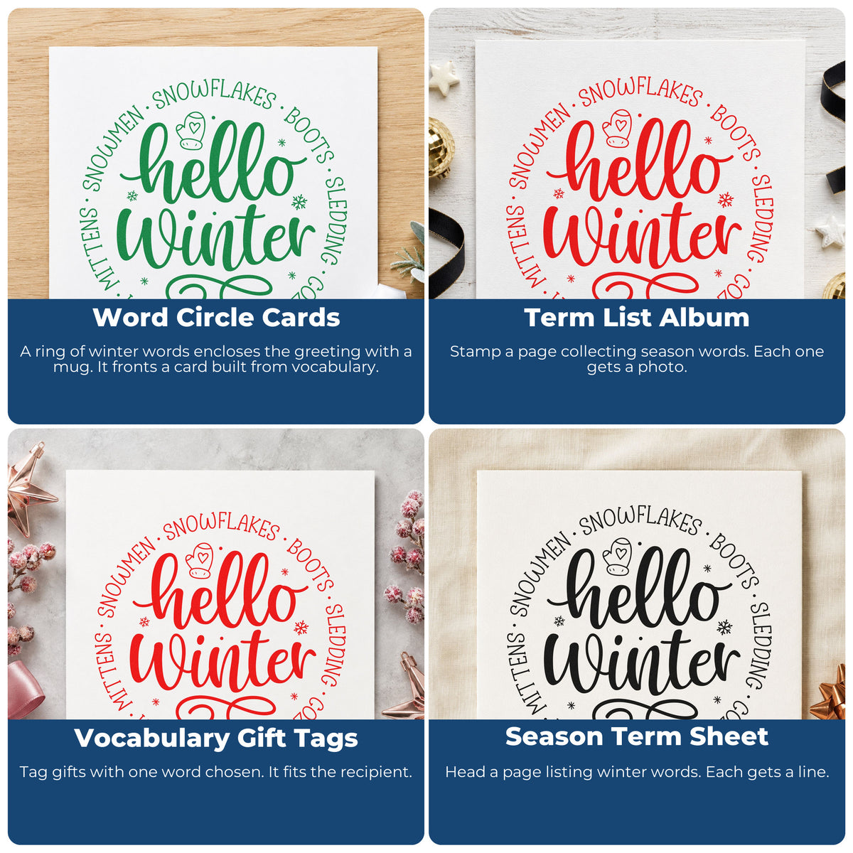 Four ways to use the Self-Inking Hello Winter Circular Words Stamp: word circle cards, term list album, vocabulary gift tags and season term sheet.