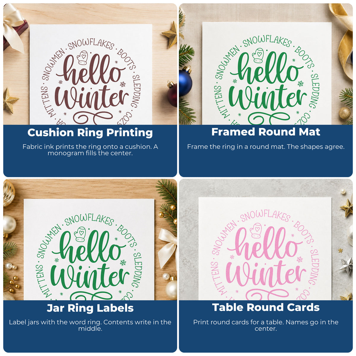 Four ways to use the Hello Winter Circular Words Stamp – Duo Hand: cushion ring printing, framed round mat, jar ring labels and table round cards.
