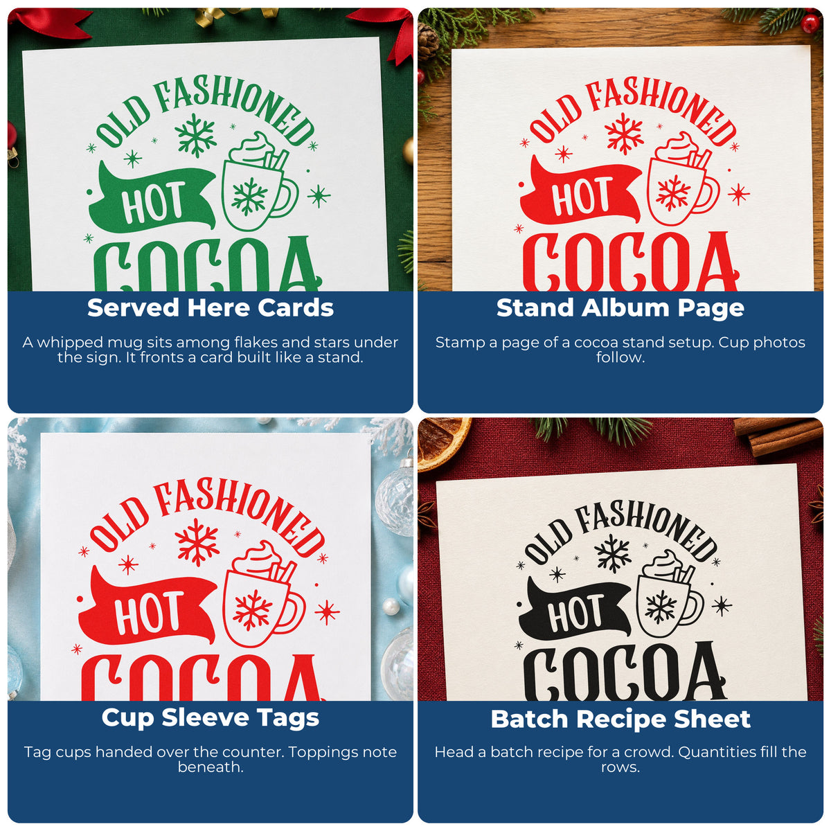 Four ways to use the Old Fashioned Hot Cocoa Stamp – Self-Inking: served here cards, stand album page, cup sleeve tags and batch recipe sheet.
