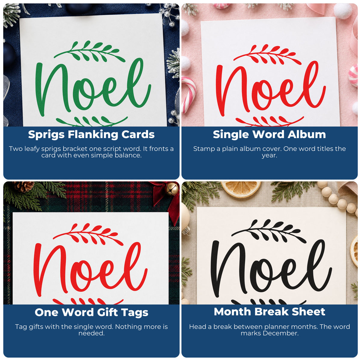 Christmas rubber stamps for gift wrap, holiday cards, advent calendars, and ornaments with festive sayings and designs.