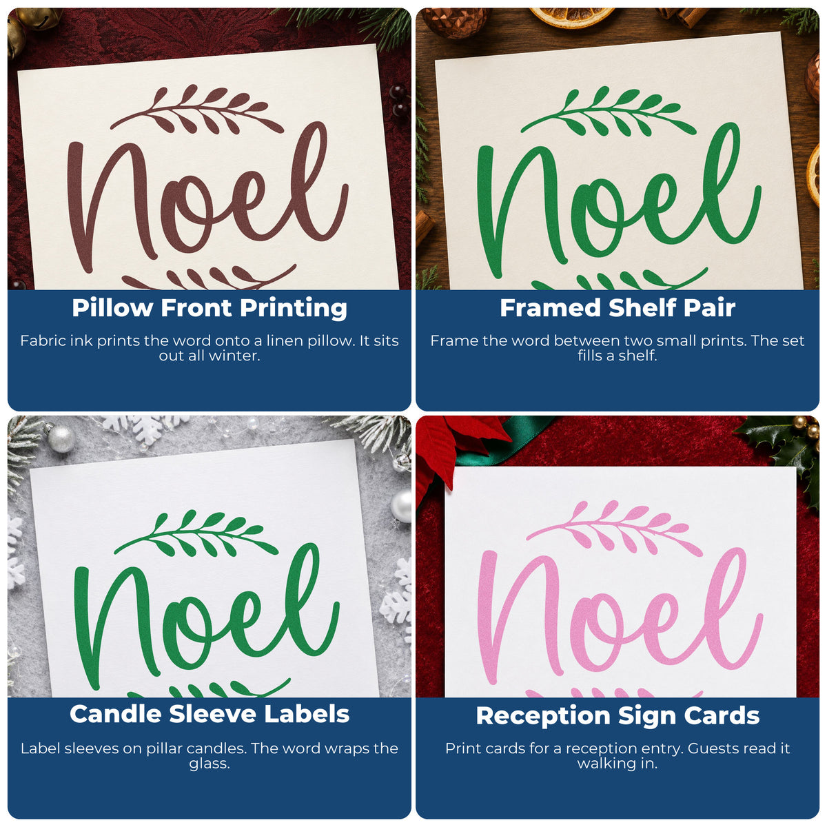 Christmas rubber stamps for envelopes, cookie labels, scrapbooks and DIY candles, featuring Let It Snow, Baking Crew and Single Bells.