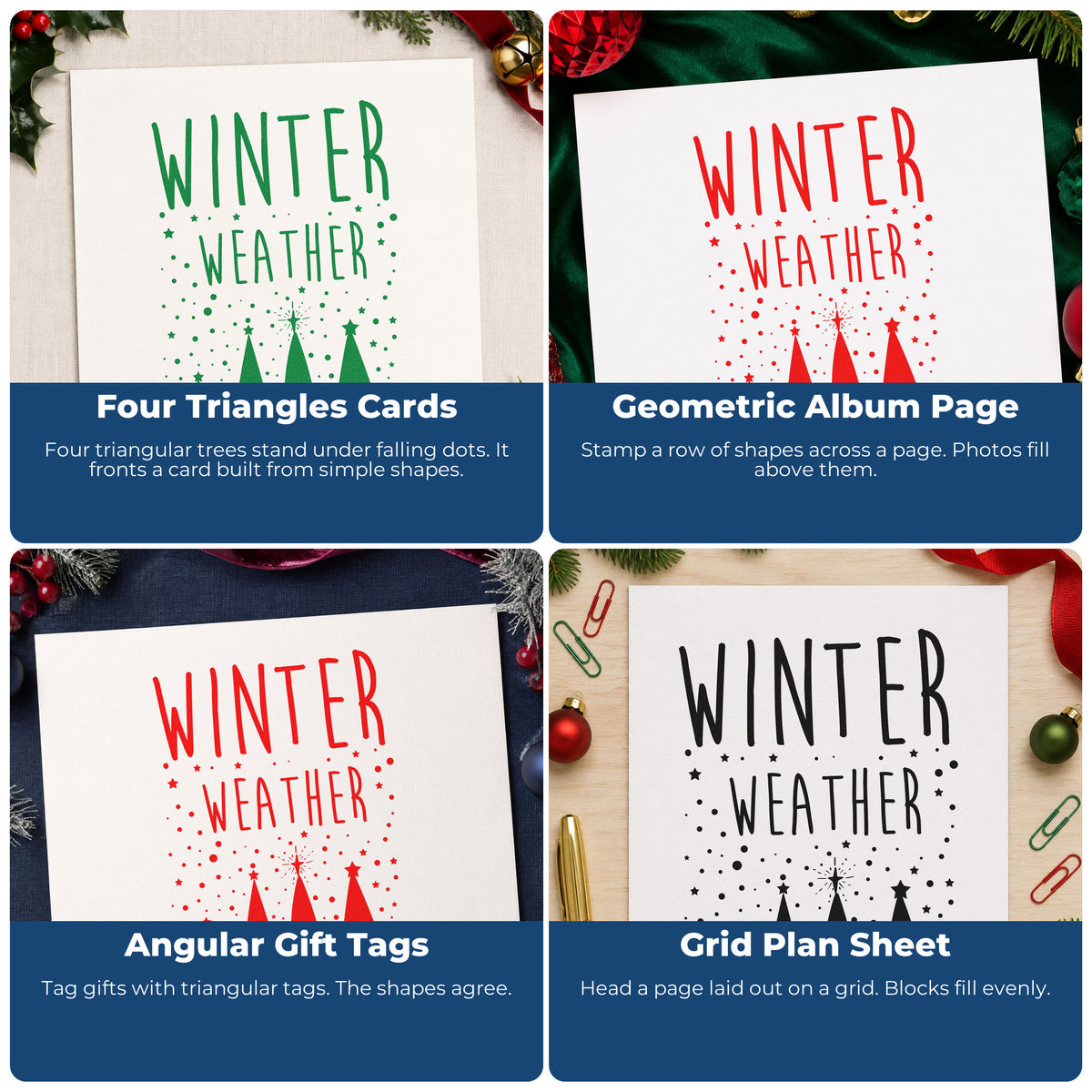 Four ways to use the Winter Weather Four Trees Rubber Stamp – Duo Hand: four triangles cards, geometric album page, angular gift tags and grid plan sheet.