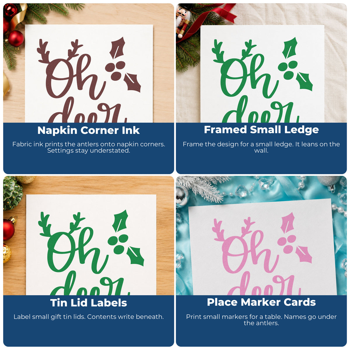 Four ways to use the Oh Deer Antlers Holly Lettering Rubber Stamp – Wood Handle: napkin corner ink, framed small ledge, tin lid labels and place marker cards.