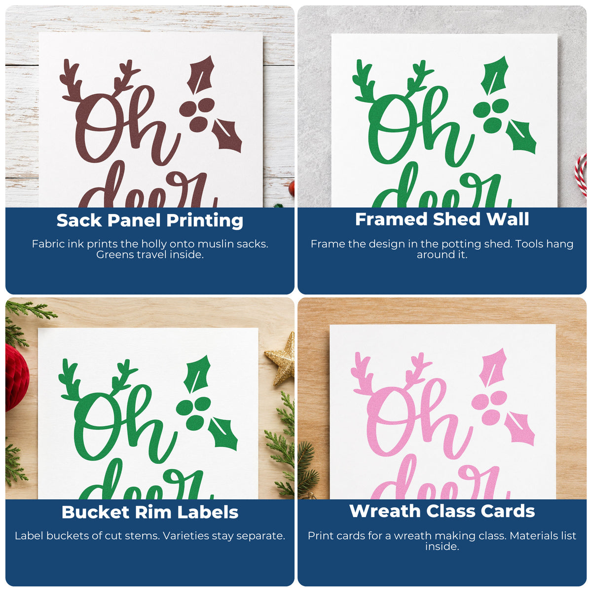 Four ways to use the Oh Deer Holly Antlers Stamp – PSI Pre-Inked: sack panel printing, framed shed wall, bucket rim labels and wreath class cards.