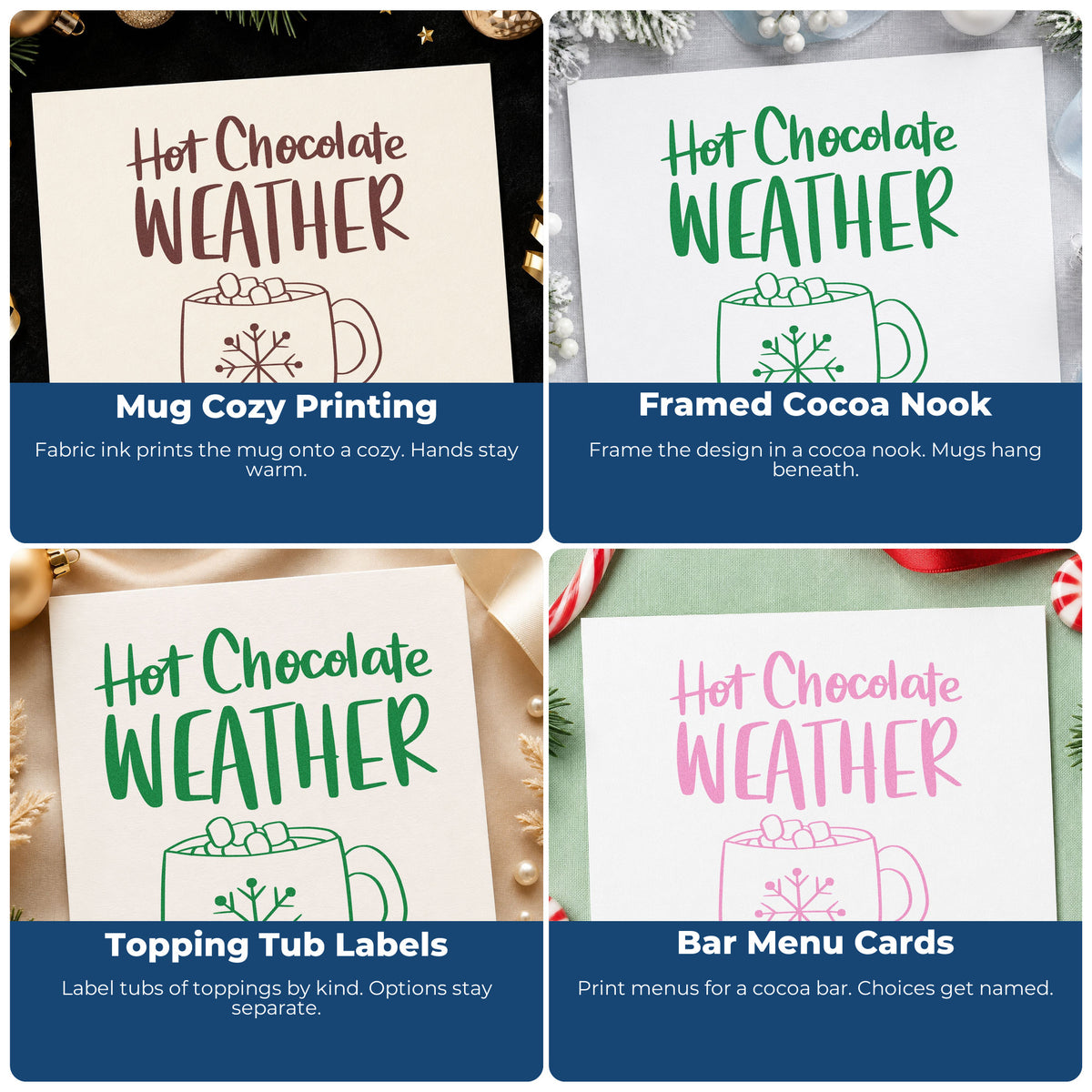 Four ways to use the Hot Chocolate Weather Mug Snowflakes Stamp – Slim Pre-Inked: mug cozy printing, framed cocoa nook, topping tub labels and bar menu cards.