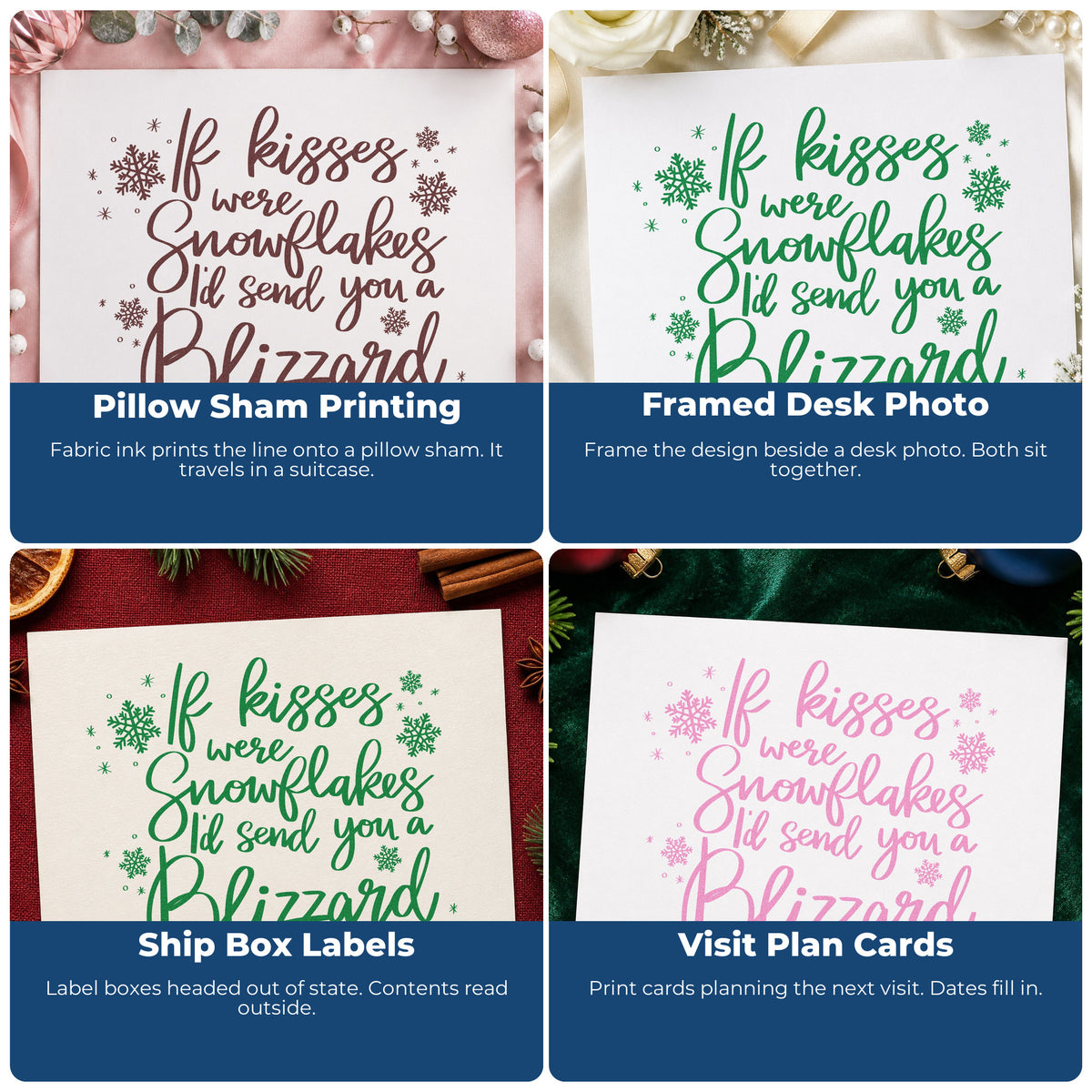 Four ways to use the If Kisses Were Snowflakes I'd Send You A Blizzard Pre-Inked Stamp – PSI: pillow sham printing, framed desk photo, ship box labels and visit plan cards.