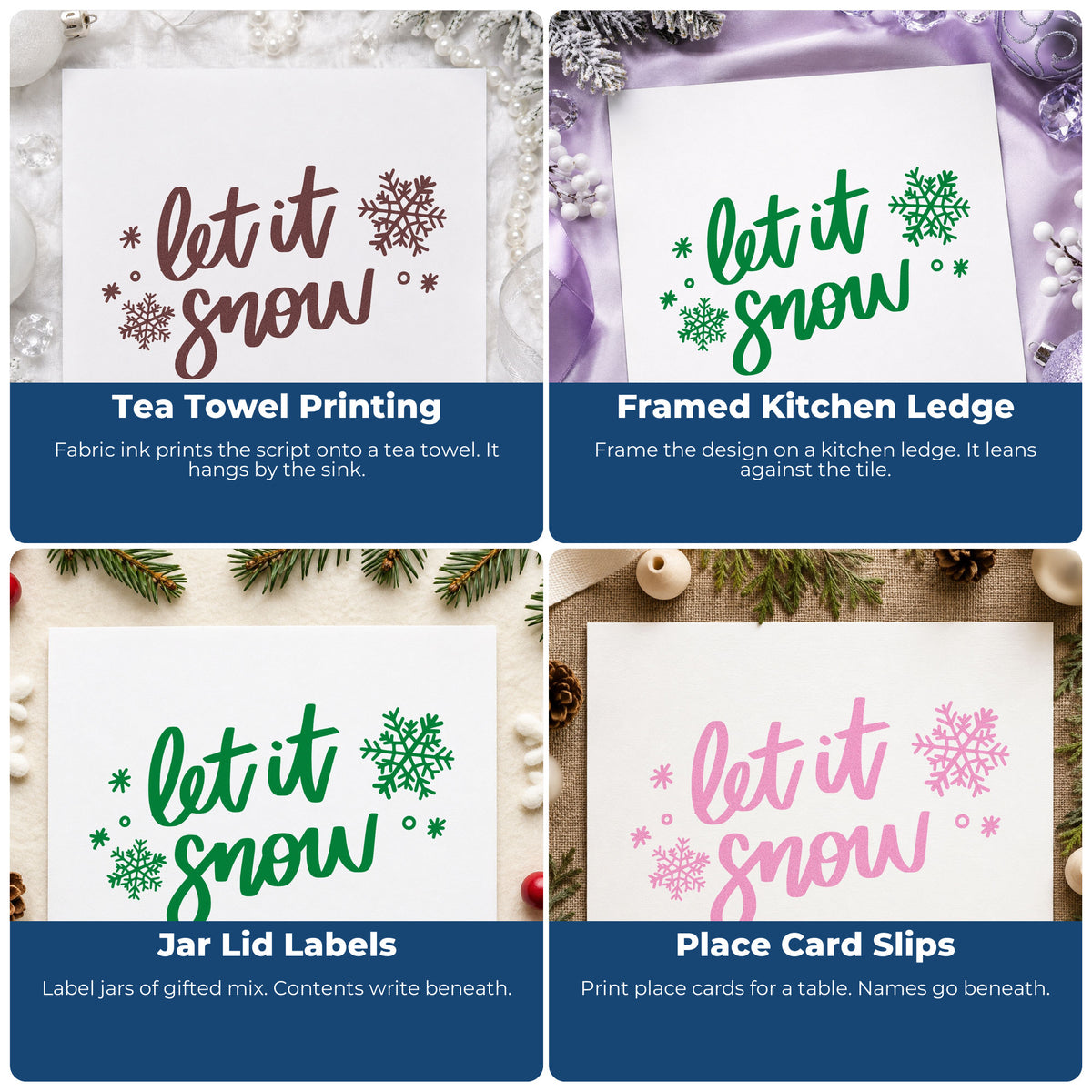 Four ways to use the Let It Snow Script Snowflakes Flowing Script Stamp – Self-Inking: tea towel printing, framed kitchen ledge, jar lid labels and place card slips.
