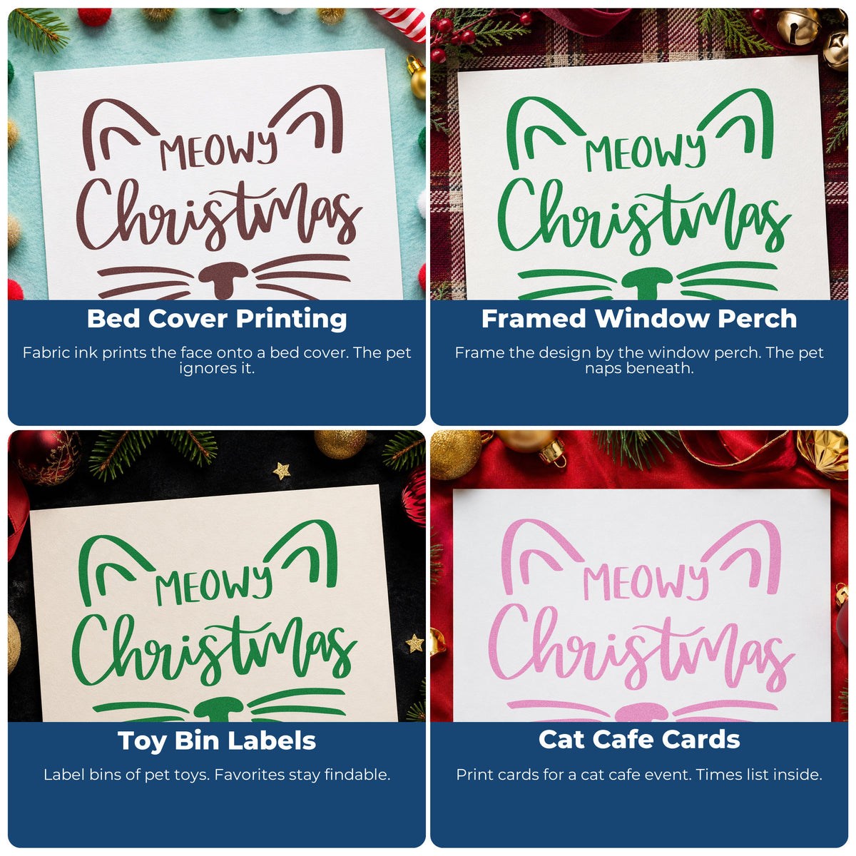 Four ways to use the Meowy Christmas Cat Face Lettering Rubber Stamp – Duo Hand: bed cover printing, framed window perch, toy bin labels and cat cafe cards.