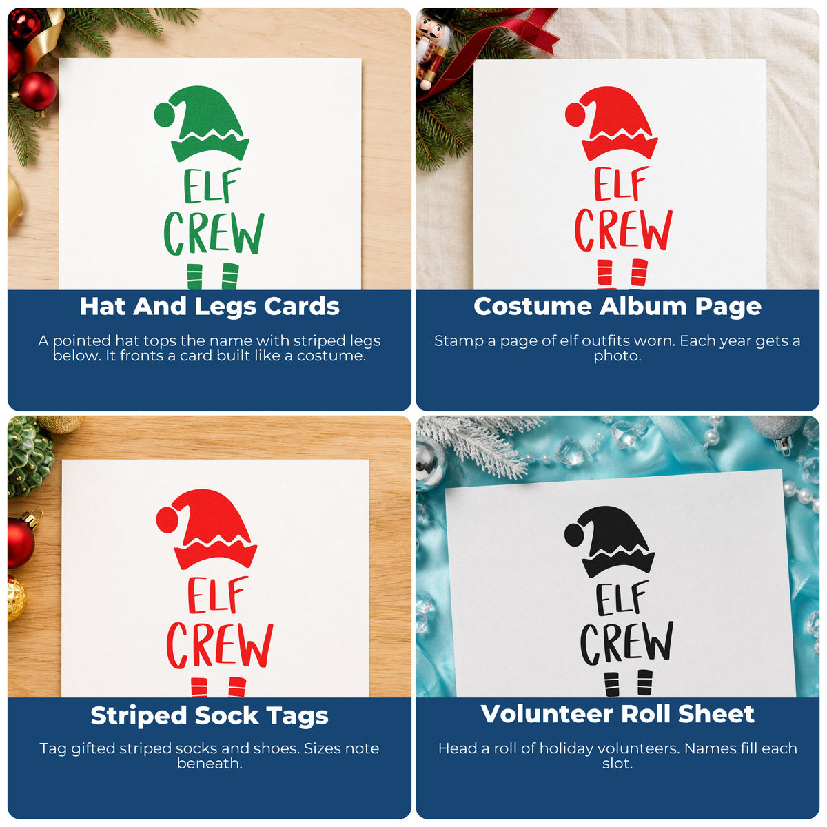 Four ways to use the Elf Crew Hat And Shoes Self-Inking Stamp: hat and legs cards, costume album page, striped sock tags and volunteer roll sheet.