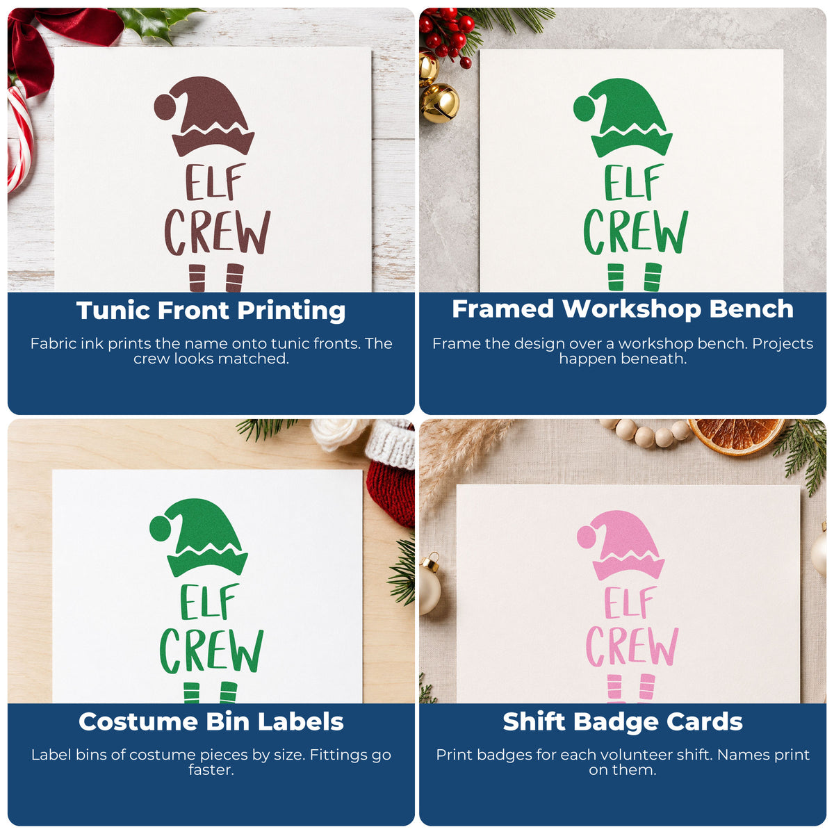 Four ways to use the Elf Crew Hat And Shoes Self-Inking Stamp: tunic front printing, framed workshop bench, costume bin labels and shift badge cards.