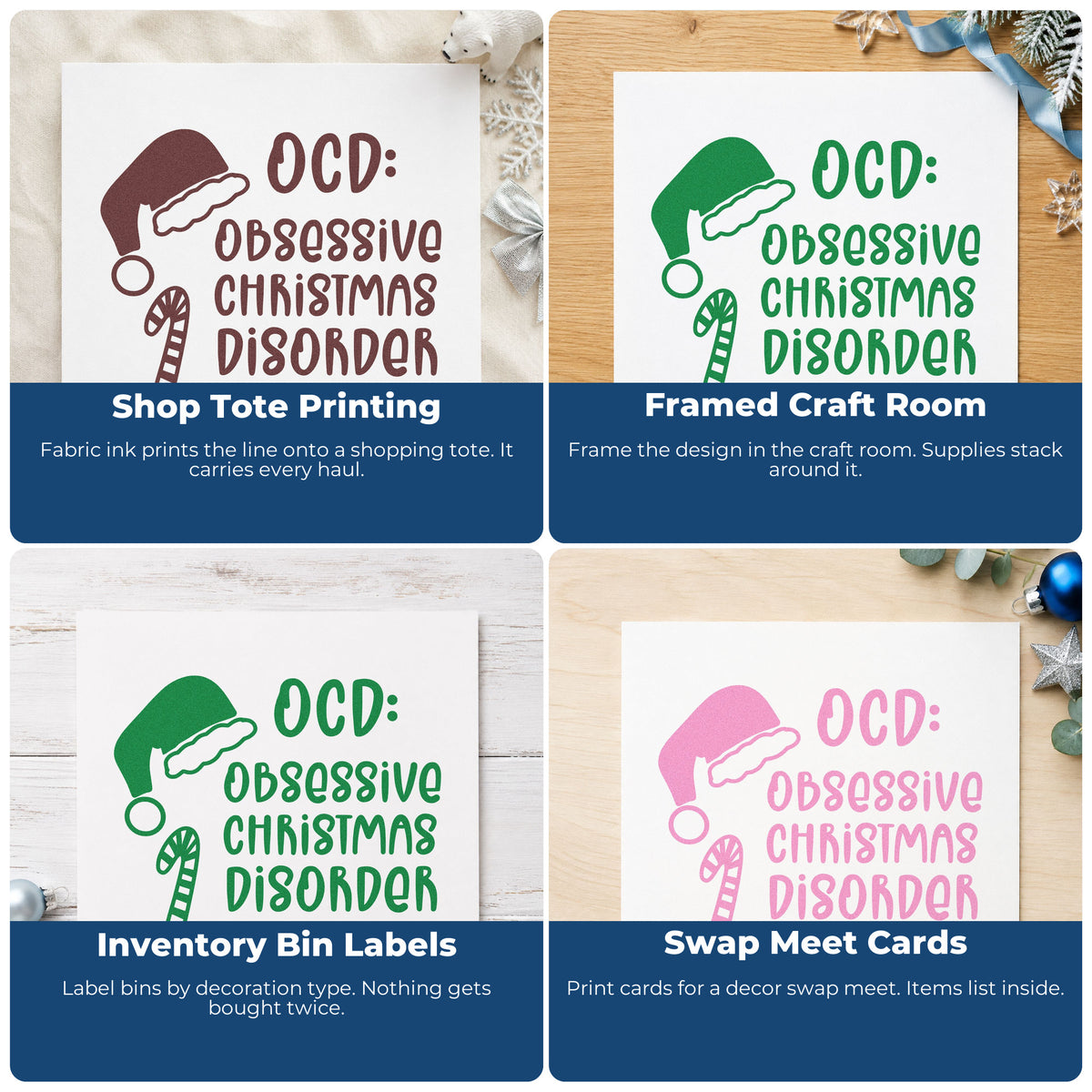 Four ways to use the Obsessive Christmas Disorder Hat Candy Cane PSI Pre-Inked Stamp: shop tote printing, framed craft room, inventory bin labels and swap meet cards.