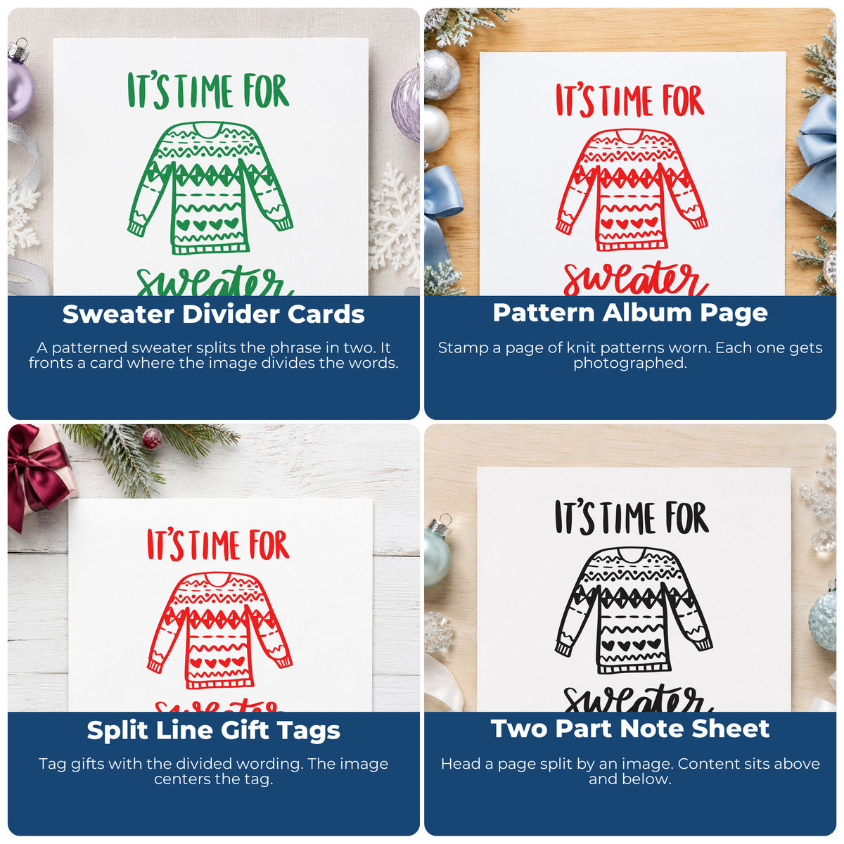 Four ways to use the Slim Pre-Inked Time For Sweater Weather Stamp: sweater divider cards, pattern album page, split line gift tags and two part note sheet.