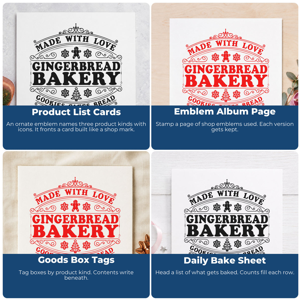 Four ways to use the Made With Love Gingerbread Bakery Tree Motif Rubber Stamp – Wood Handle: product list cards, emblem album page, goods box tags and daily bake sheet.