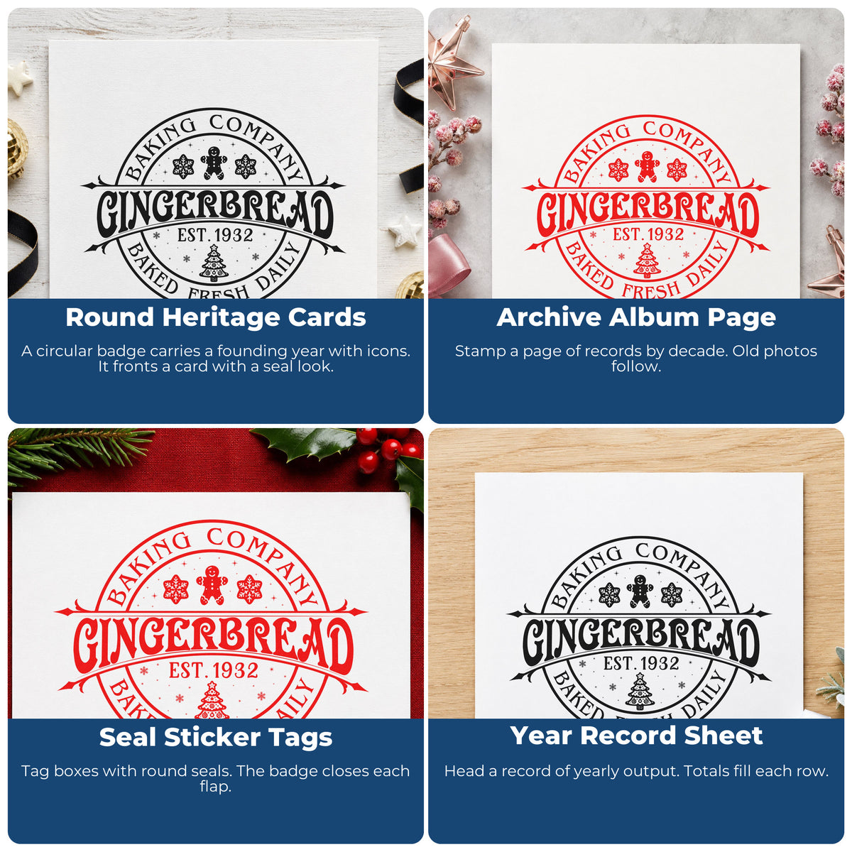 Four ways to use the Baking Company Gingerbread Est. 1932 Baked Fresh Daily Self-Inking Stamp: round heritage cards, archive album page, seal sticker tags and year record sheet.