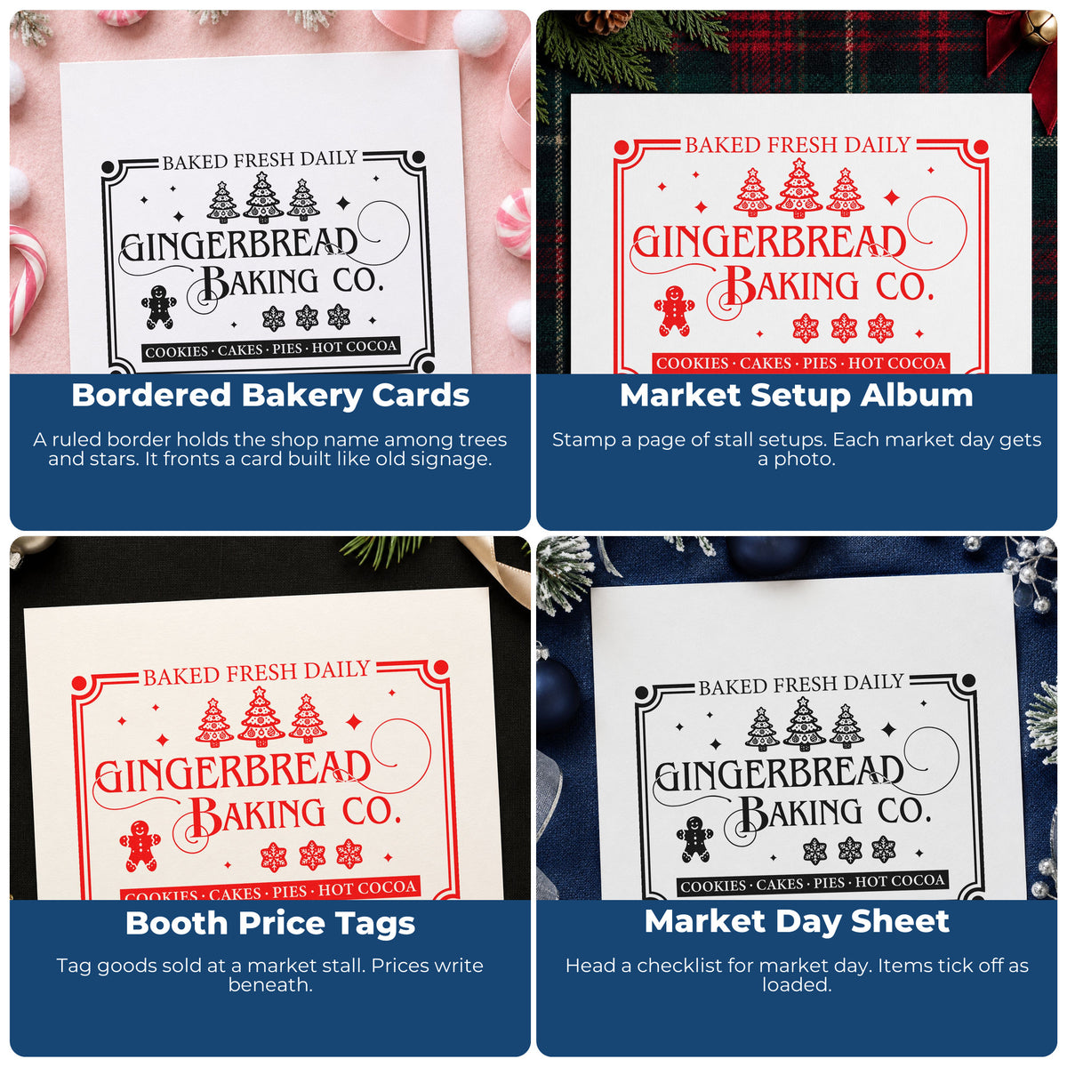 Four ways to use the Gingerbread Baking Company Daily Pre-Inked Stamp – PSI: bordered bakery cards, market setup album, booth price tags and market day sheet.
