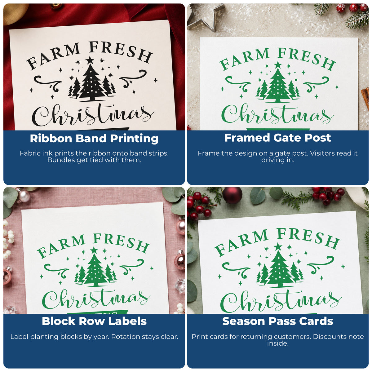 Four ways to use the Premium Wooden Farm Fresh Christmas Trees Emblem With Stars Stamp - Vintage Pro: ribbon band printing, framed gate post, block row labels and season pass cards.