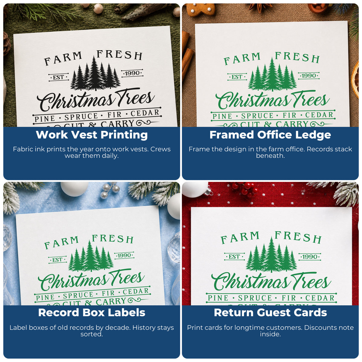 Four ways to use the Farm Fresh Trees Est 1990 Pine Motif Stamp - Premium Vintage Pro Wooden: work vest printing, framed office ledge, record box labels and return guest cards.