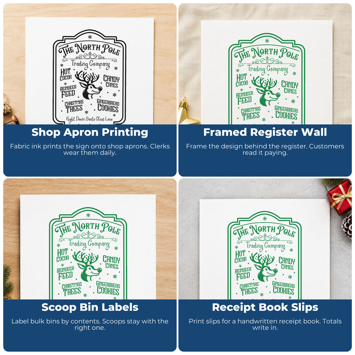 Four ways to use the North Pole Trading Company Sign Candy Cane Craft Stamp – Self-Inking: shop apron printing, framed register wall, scoop bin labels and receipt book slips.