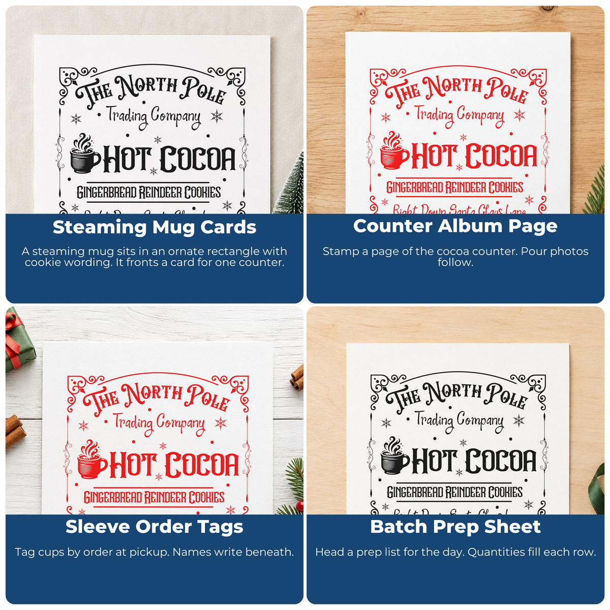 Four ways to use the The North Pole Trading Company Hot Cocoa Rubber Stamp – Duo Hand: steaming mug cards, counter album page, sleeve order tags and batch prep sheet.