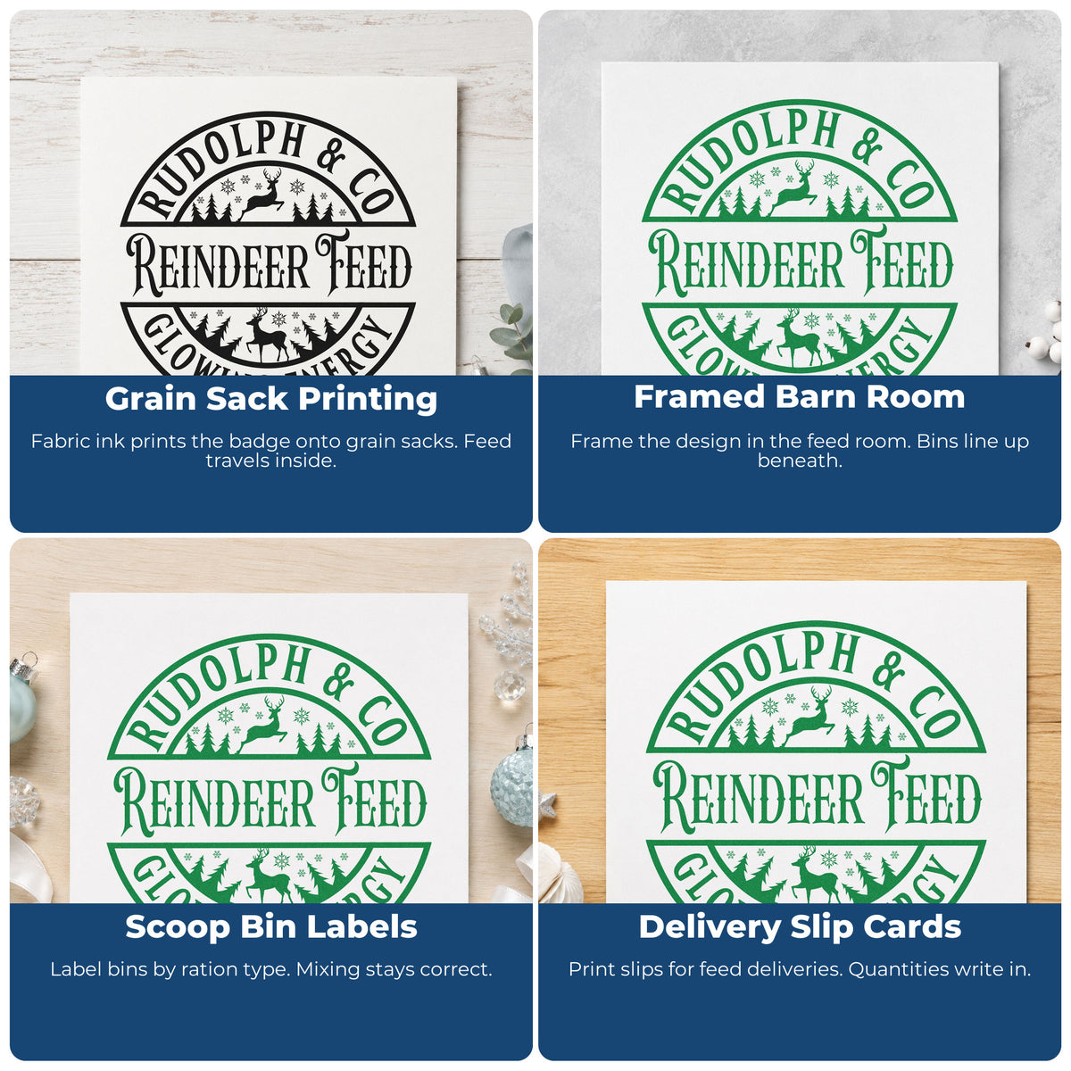 Four ways to use the Rudolph & Co. Reindeer Feed Glowing Energy Self-Inking Stamp: grain sack printing, framed barn room, scoop bin labels and delivery slip cards.