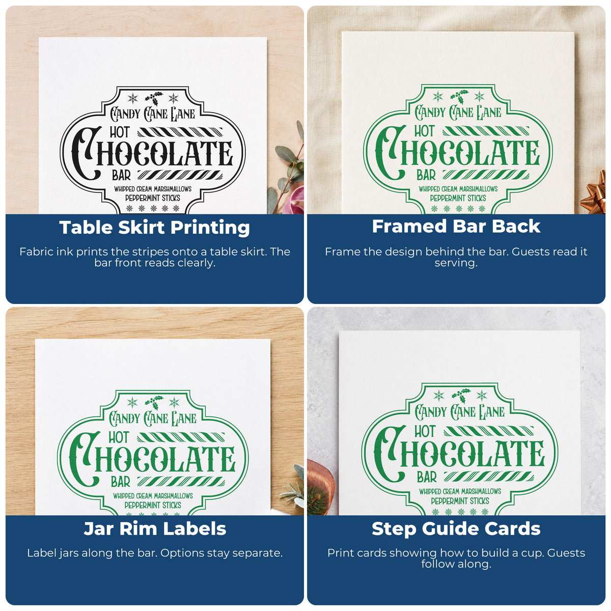 Four ways to use the Candy Cane Lane Chocolate Bar Craft Stamp – Self-Inking: table skirt printing, framed bar back, jar rim labels and step guide cards.