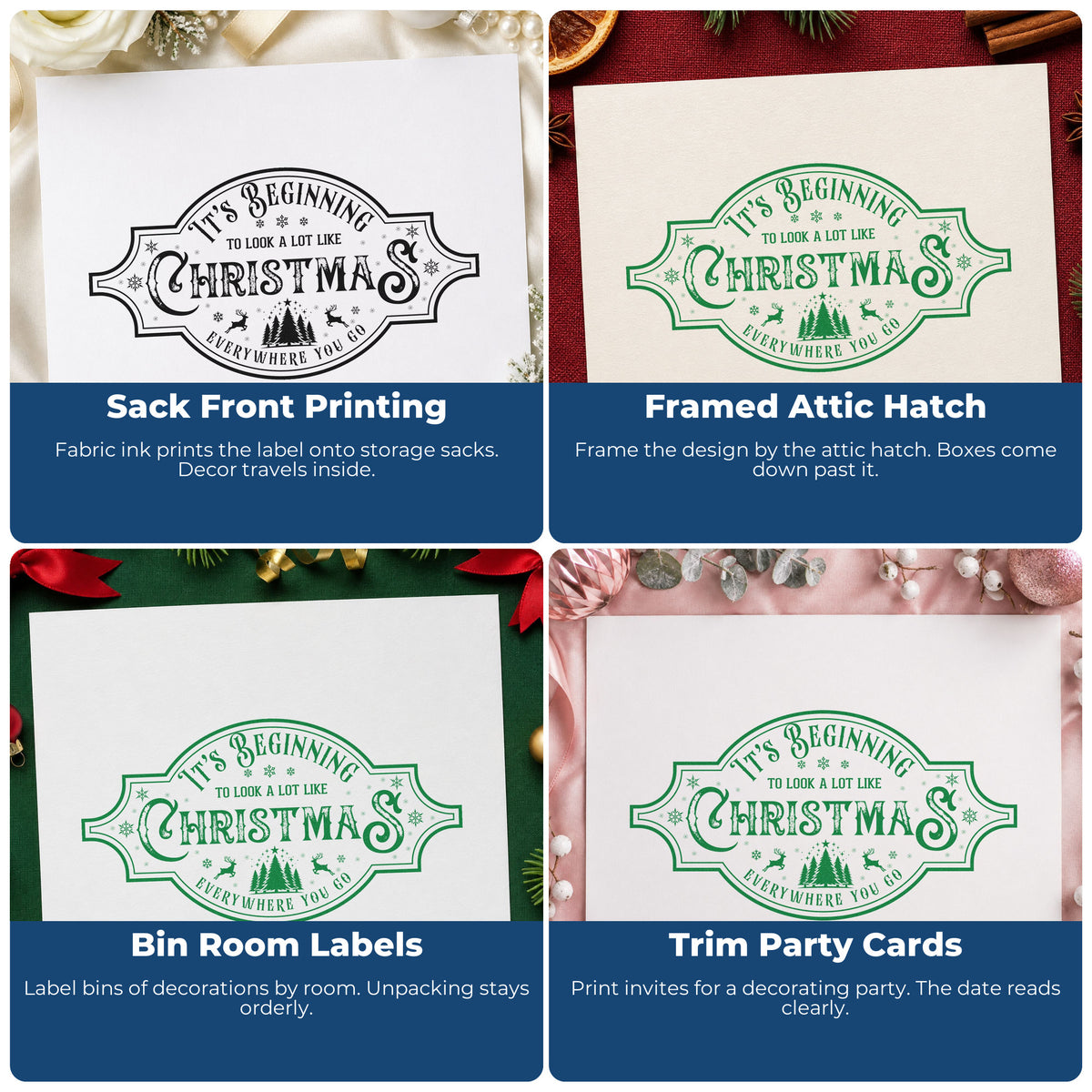 Four ways to use the Beginning To Look Like Christmas Hand Stamp – Duo: sack front printing, framed attic hatch, bin room labels and trim party cards.